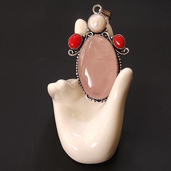Rose Quartz & Pearl Sterling Silver Pendant Necklace with Red Jasper - Picture 4 of 12